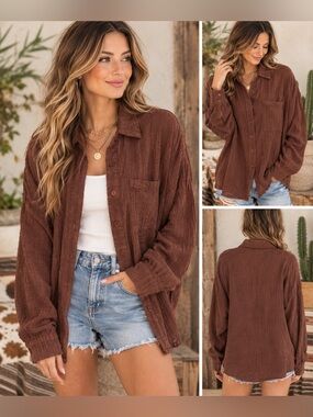 Nasty Gal Chocolate Brown Textured Button-Front Shirt